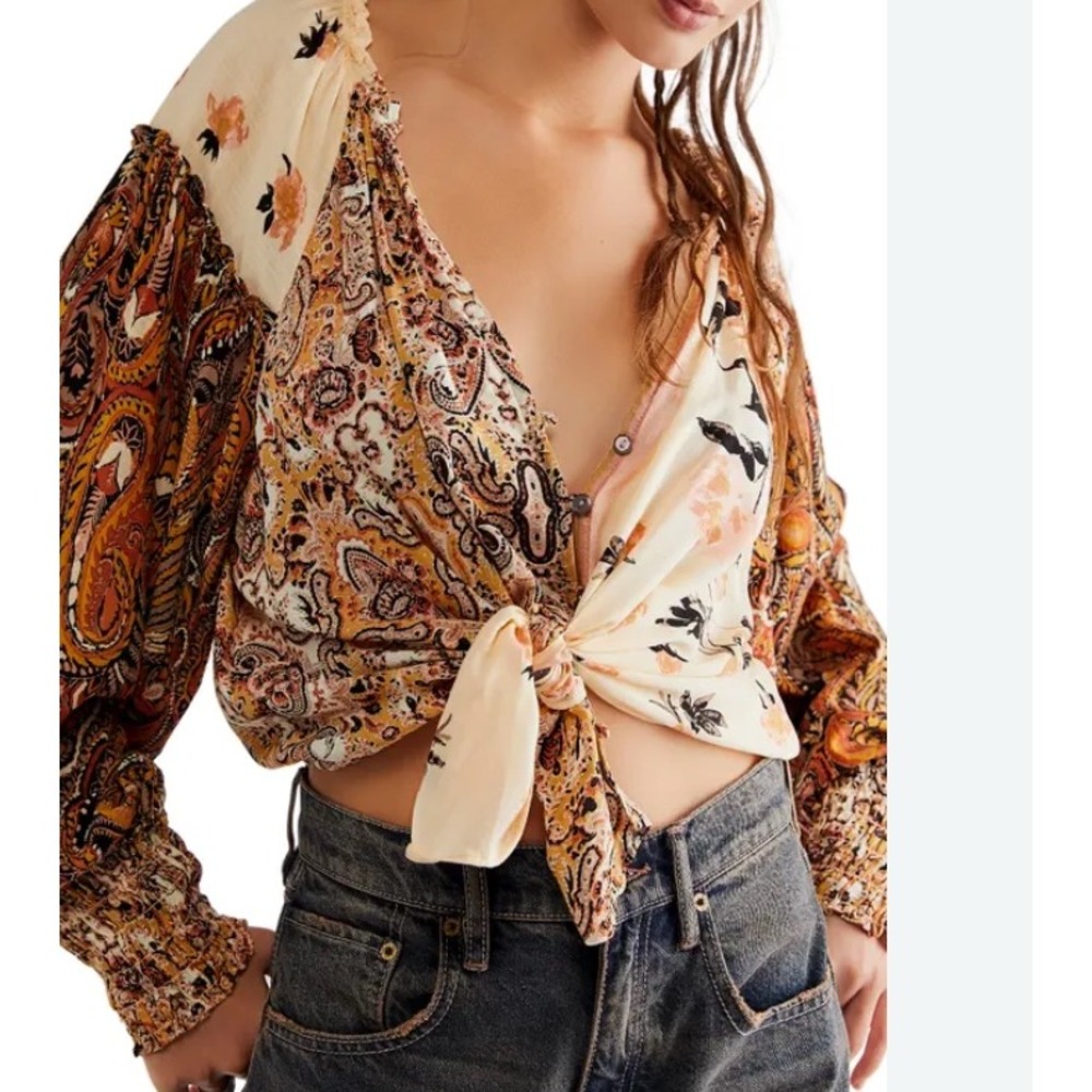FREE PEOPLE Gemini Blouse Top BOHO PEASANT Neutral Cream Brown Orange Rust SZ S